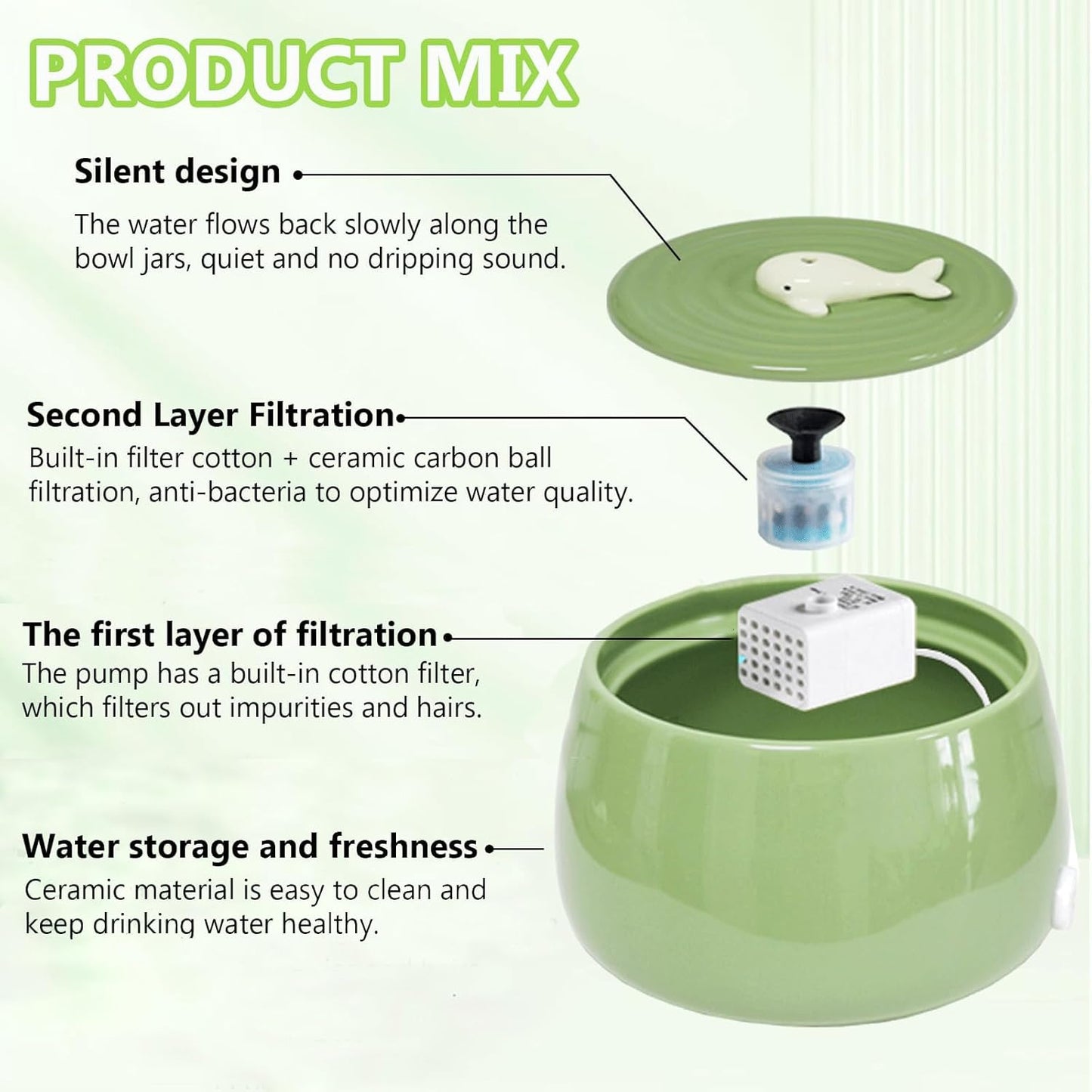 Ceramic Cat Water Fountain, 45oz/1.3L Porcelain Cat Water Dispenser, Automatic pet Water Fountain with Ultra-Quiet Pump, Perfect for Cats and Small Dogs, Cute Design (Green)
