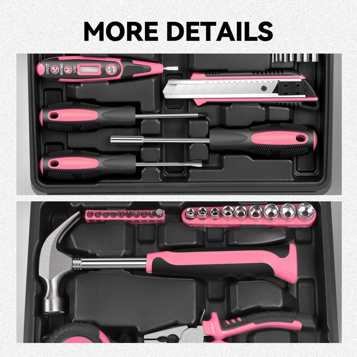 Tool Kit for Home 46-Pieces, Basic Household Hand Tool Sets with Screwdrivers Combination Tools, All in One Plastic Toolbox Storage Case for College Dorm, Office, Auto Repair (Pink)