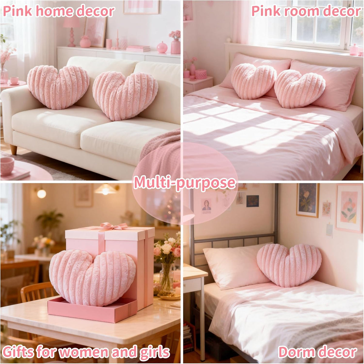 16 Inch Pink Heart Pillow Cute Fluffy Decorative Throw Pillows for Bed