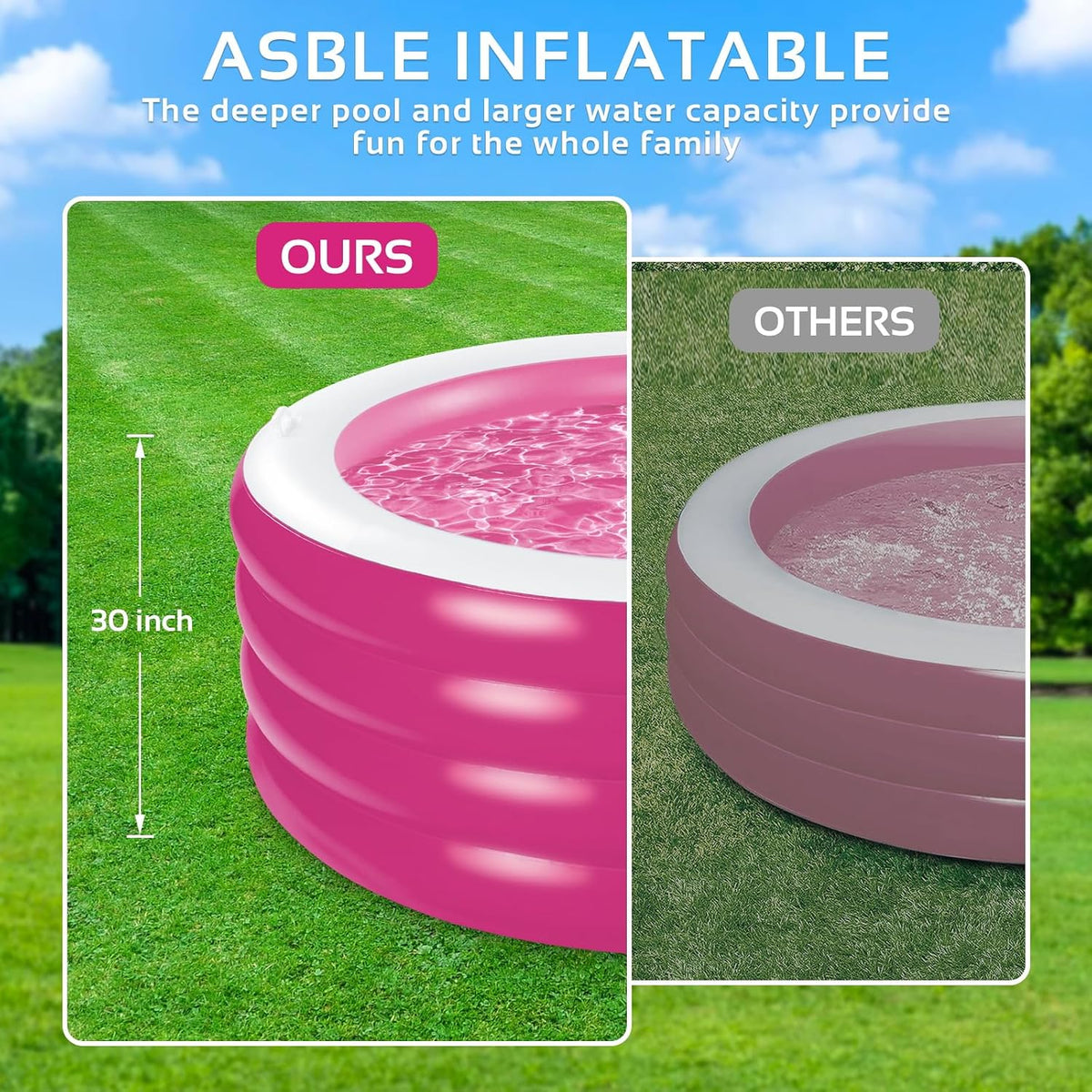 Inflatable Pool, Large Deep Round 70"x30" Family Inflatable Swimming Pool with Handles, Summer Water Party, Outdoor, Garden Backyard, Suitable for Adults (Pink)