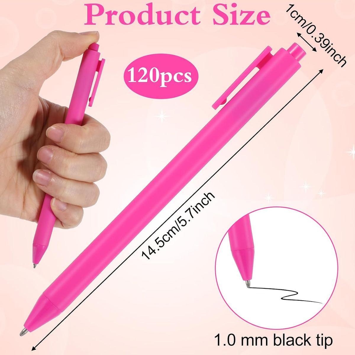120 Pcs Hot Pink Pens Bulk, 1.0 mm Medium Point Pink Pens with Black Ink, Retractable Smooth Writing Ballpoint for Office, Home, Gifts & Party Favors(5.7" Long)