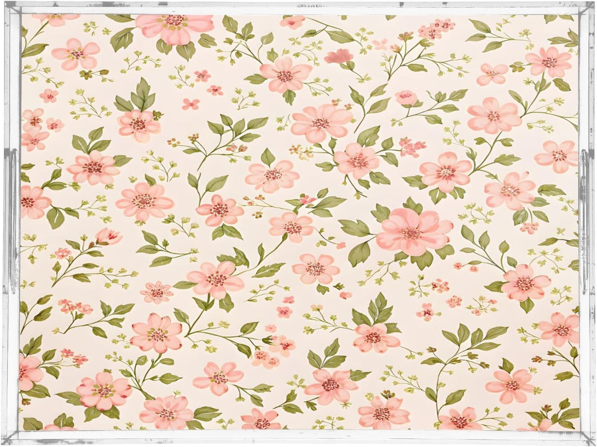 Pink Flowers Serving Tray 12" x 16" Acrylic Trays with Handles Decorative Serving Platter for Coffee, Breakfast in Bed, Dinner, Appetizers, Patio, Party