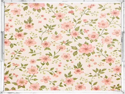 Pink Flowers Serving Tray 12" x 16" Acrylic Trays with Handles Decorative Serving Platter for Coffee, Breakfast in Bed, Dinner, Appetizers, Patio, Party