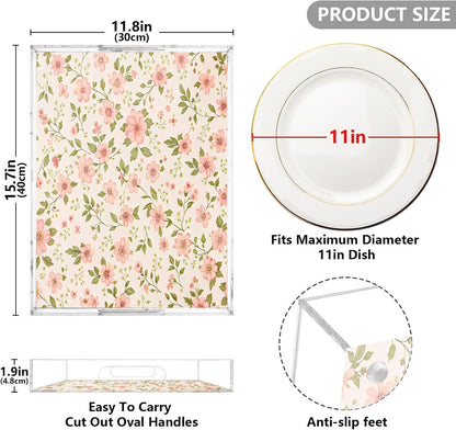 Pink Flowers Serving Tray 12" x 16" Acrylic Trays with Handles Decorative Serving Platter for Coffee, Breakfast in Bed, Dinner, Appetizers, Patio, Party