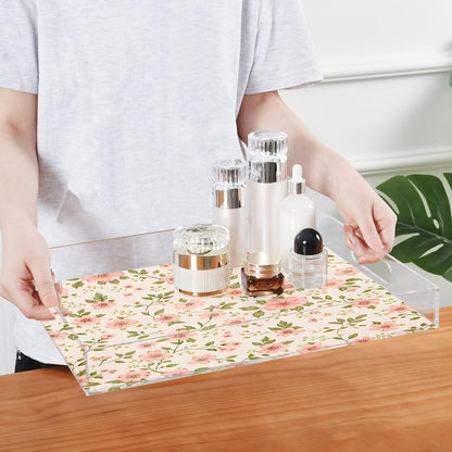 Pink Flowers Serving Tray 12" x 16" Acrylic Trays with Handles Decorative Serving Platter for Coffee, Breakfast in Bed, Dinner, Appetizers, Patio, Party