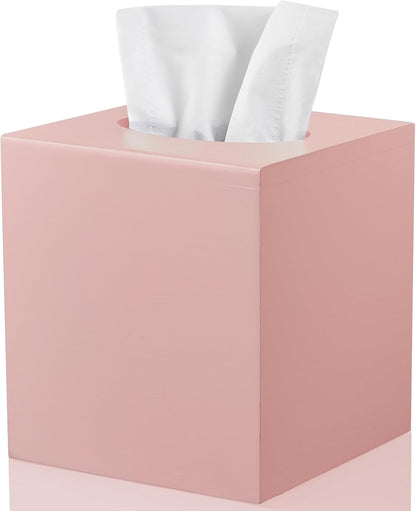 Pink Tissue Box Cover Square - Wood Tissue Box Holder for Tabletop Night Stands Bathroom Office - Decorative Facial Cube Tissue Box Dispenser