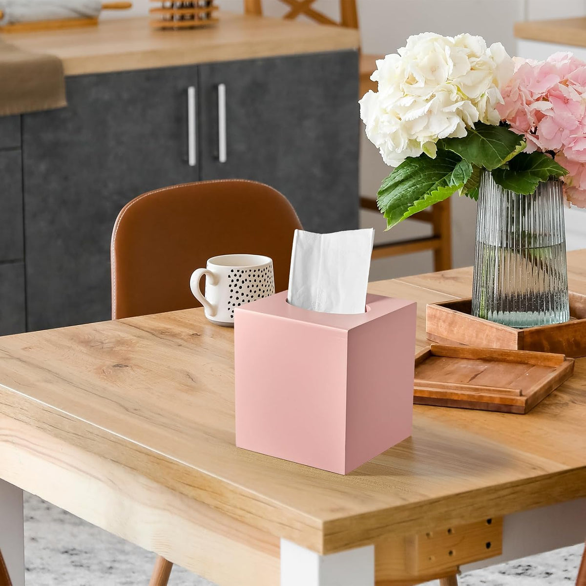 Pink Tissue Box Cover Square - Wood Tissue Box Holder for Tabletop Night Stands Bathroom Office - Decorative Facial Cube Tissue Box Dispenser