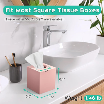 Pink Tissue Box Cover Square - Wood Tissue Box Holder for Tabletop Night Stands Bathroom Office - Decorative Facial Cube Tissue Box Dispenser