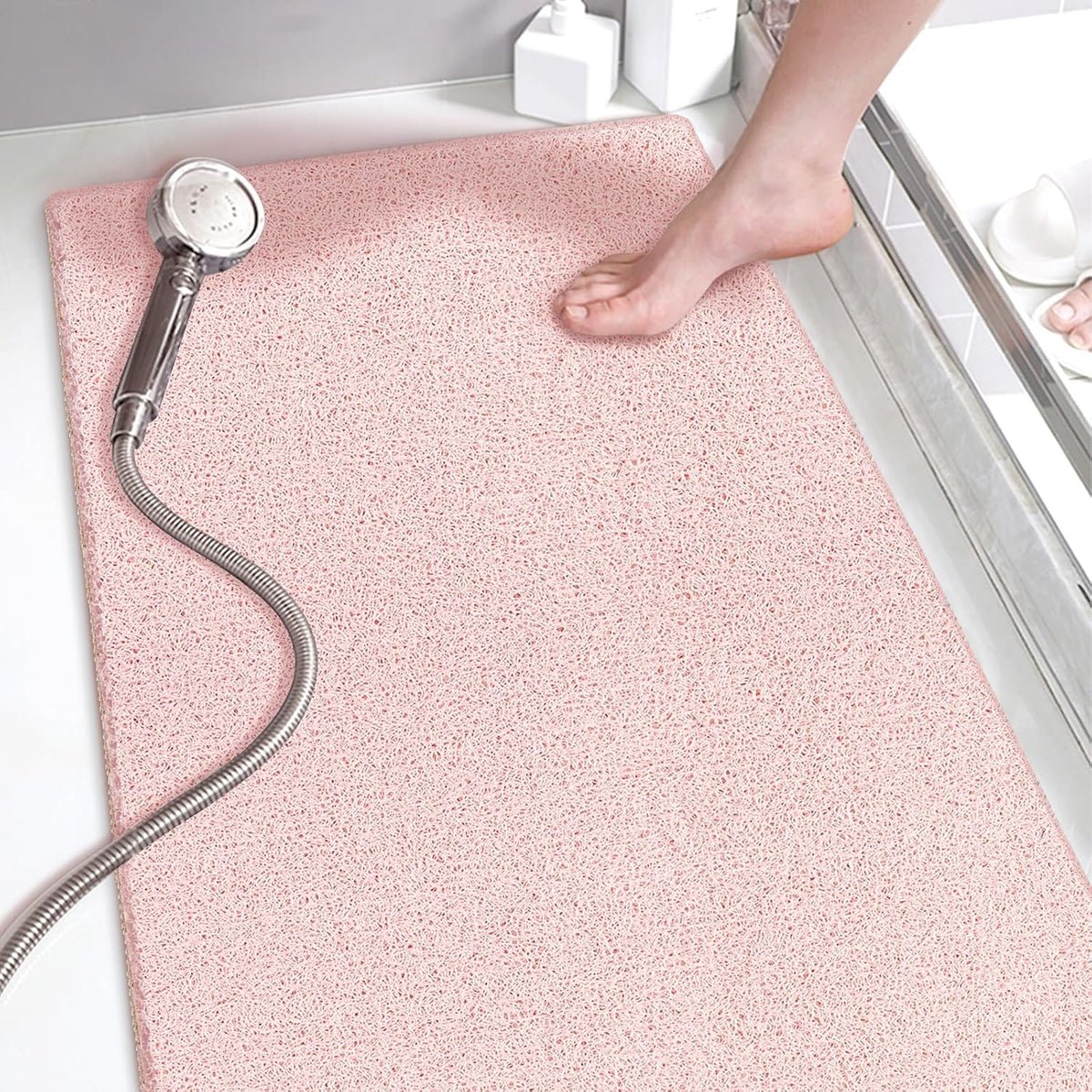 Shower Mats Non Slip Without Suction Cups, PVC Loofah Bathroom Mats, Loofah Mats for Shower and Bathroom, Quick Drying, 15.7× 36 Inch, Pink