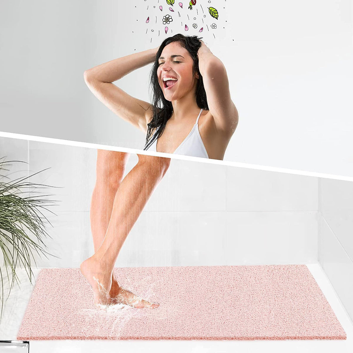 Shower Mats Non Slip Without Suction Cups, PVC Loofah Bathroom Mats, Loofah Mats for Shower and Bathroom, Quick Drying, 15.7× 36 Inch, Pink