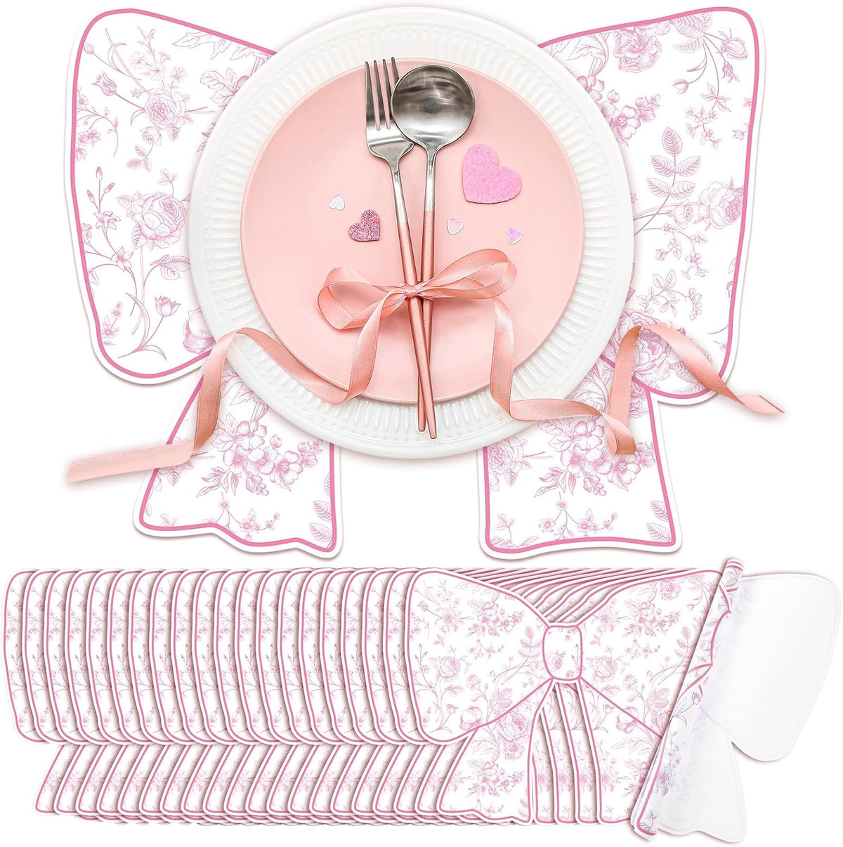 50 Pcs Disposable Pink Bow Placemats Christmas 8.94 x 13.78 Inches Coquette Bow Table Mats Decorative Paper Placemats for Birthday Bridal Wedding Coquette Party Table Decoration