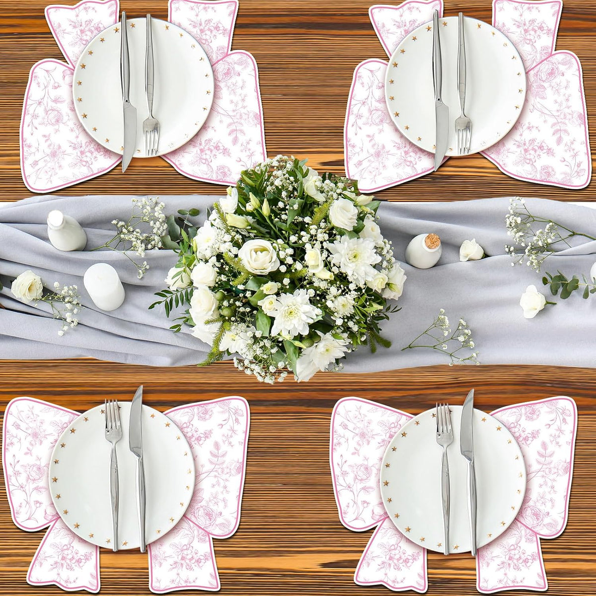 50 Pcs Disposable Pink Bow Placemats Christmas 8.94 x 13.78 Inches Coquette Bow Table Mats Decorative Paper Placemats for Birthday Bridal Wedding Coquette Party Table Decoration