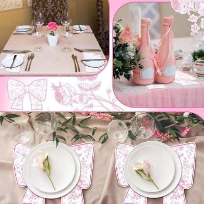 50 Pcs Disposable Pink Bow Placemats Christmas 8.94 x 13.78 Inches Coquette Bow Table Mats Decorative Paper Placemats for Birthday Bridal Wedding Coquette Party Table Decoration