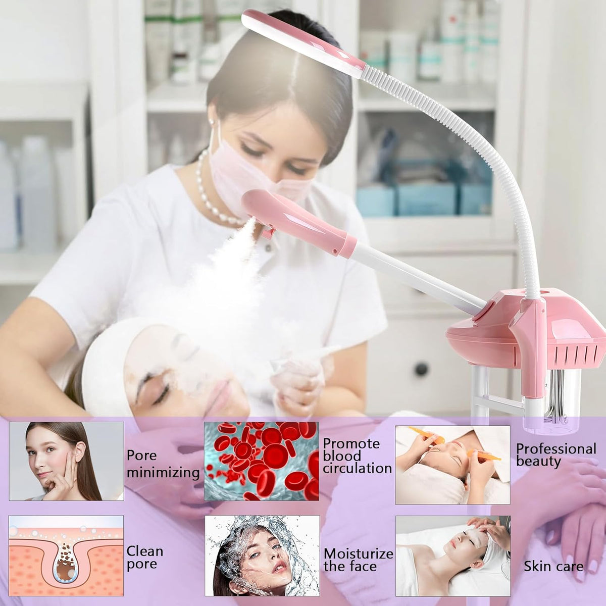 Professional Facial Steamer with 5X Magnifying Lamp,Ozone Face Steamer-Pink
