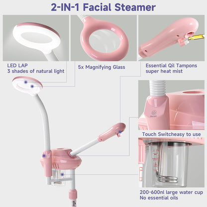Professional Facial Steamer with 5X Magnifying Lamp,Ozone Face Steamer-Pink