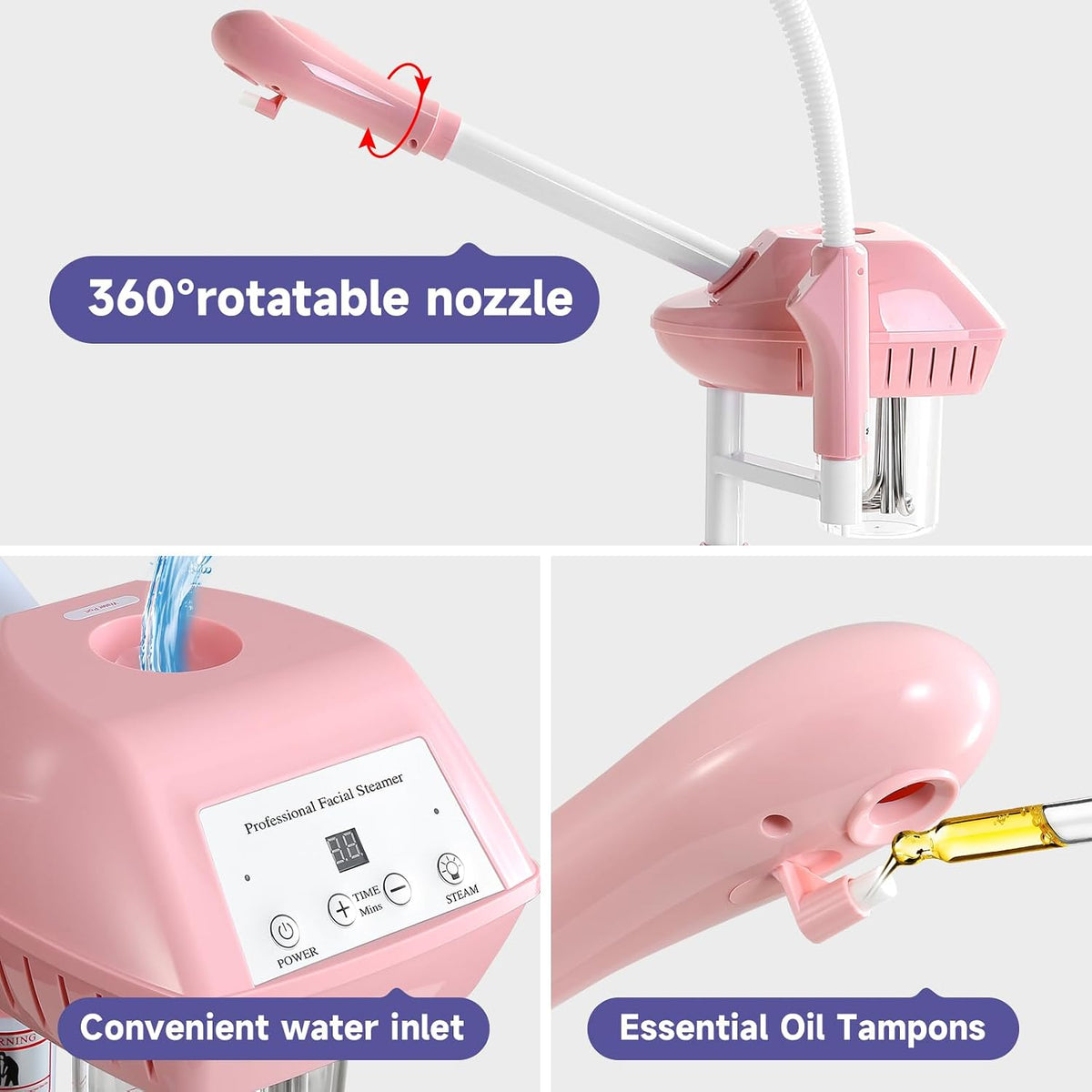Professional Facial Steamer with 5X Magnifying Lamp,Ozone Face Steamer-Pink