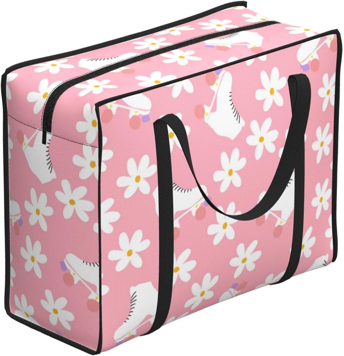 Pink Roller Skates Floral Girl Skater Large Duffle Bag Foldable Lightweight Travel Duffle Bag for Women Men