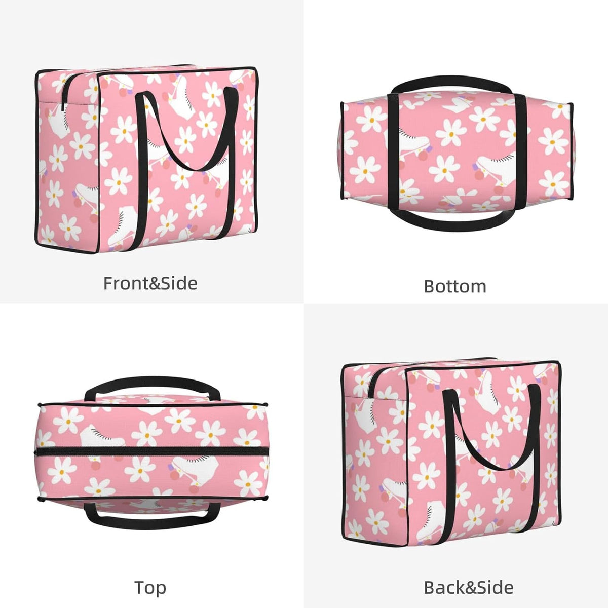 Pink Roller Skates Floral Girl Skater Large Duffle Bag Foldable Lightweight Travel Duffle Bag for Women Men