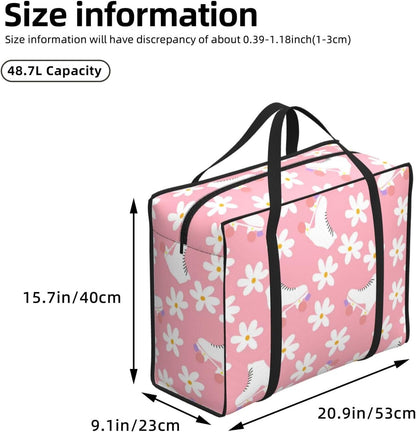 Pink Roller Skates Floral Girl Skater Large Duffle Bag Foldable Lightweight Travel Duffle Bag for Women Men