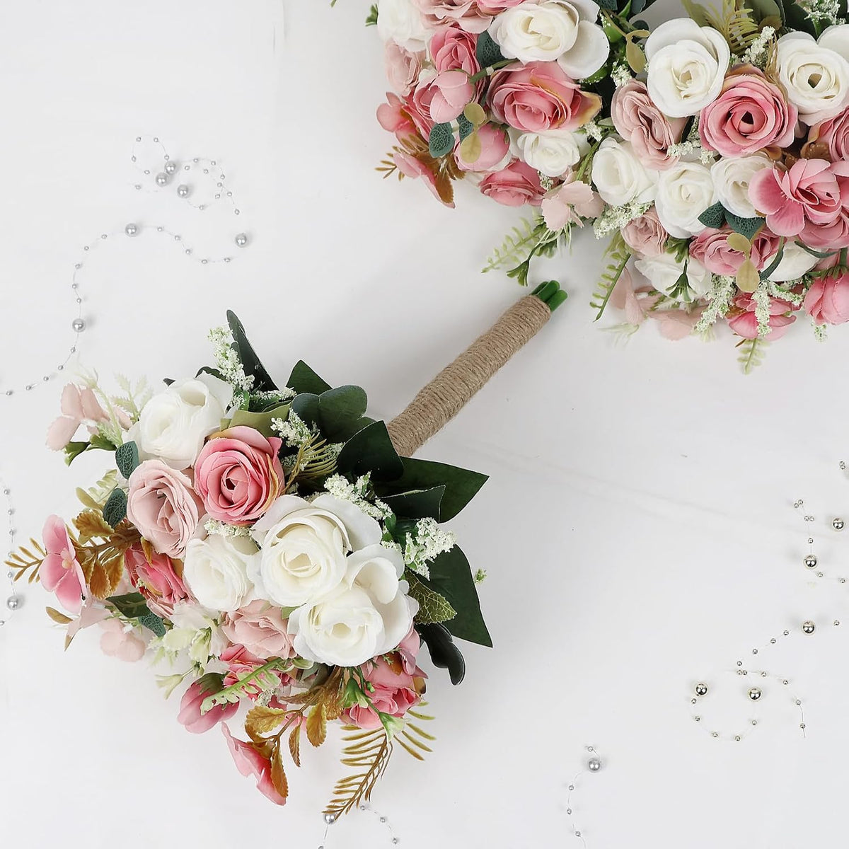 Wedding Bouquet for Bridesmaid- Hand Holding Flower Bouquet 7 Inch Artificial Flower Bouquet for Bride Party Ceremony Anniversary Decor - Dusty Pink & White
