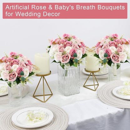 Wedding Bouquet for Bridesmaid- Hand Holding Flower Bouquet 7 Inch Artificial Flower Bouquet for Bride Party Ceremony Anniversary Decor - Dusty Pink & White