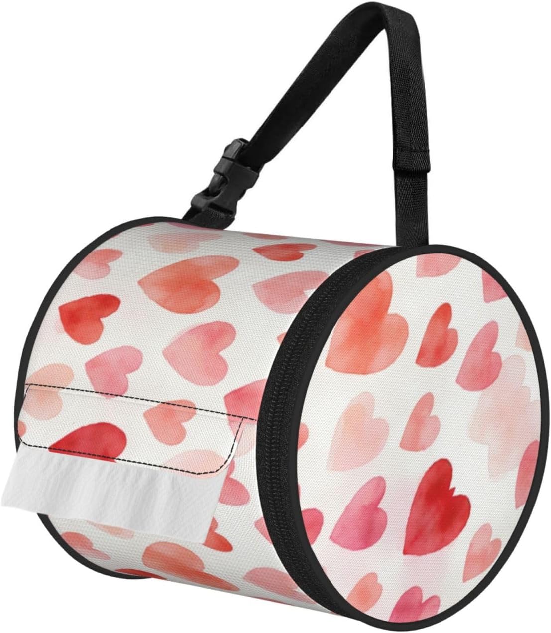 Round Tissue Holder Bag Car Hanging Tissue Boxes Cover with Adjustable Strap Foldable Roll Storage Bags with Zipper Tissues Case Organizer for Home Decor Toilet Office(Pink Love Heart)