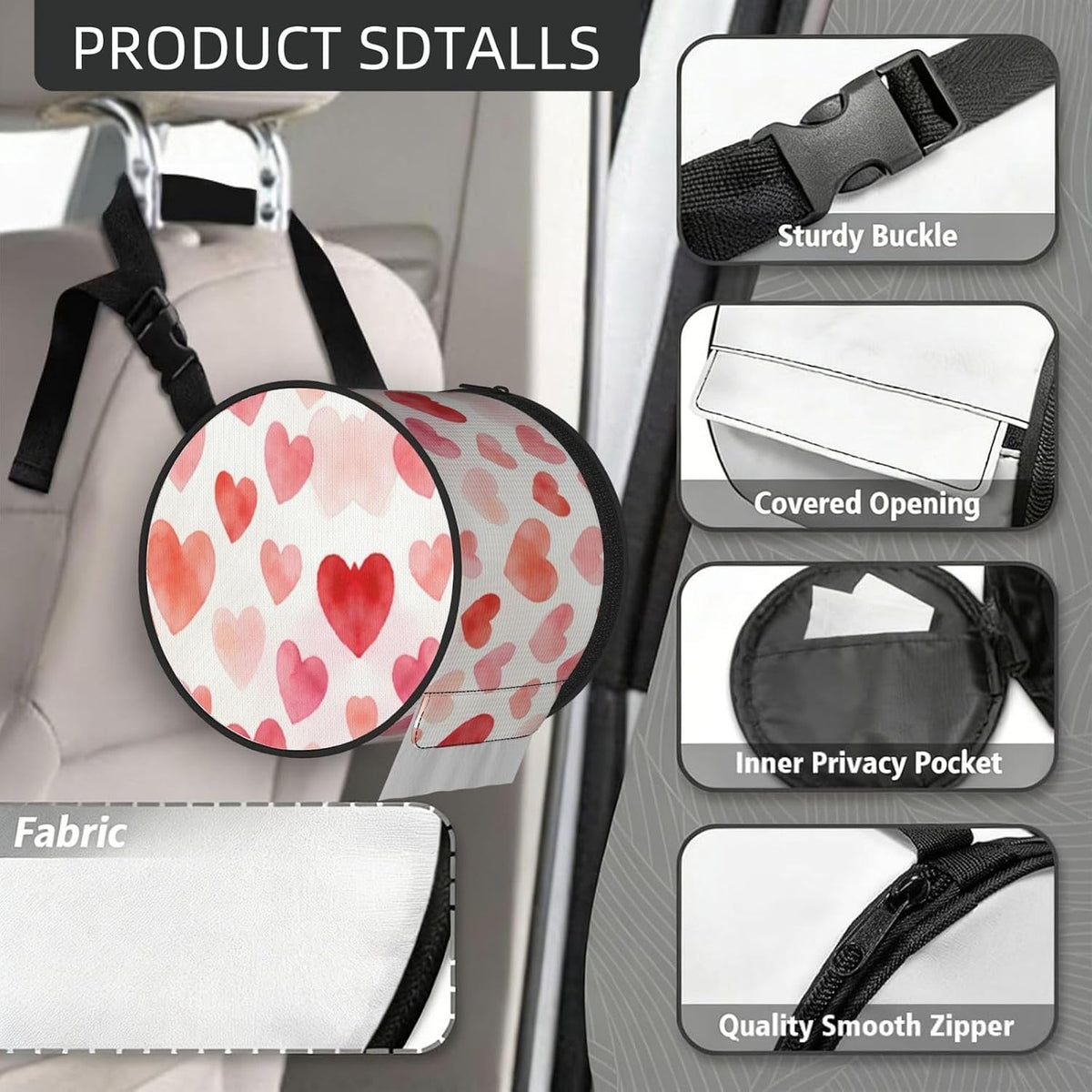 Round Tissue Holder Bag Car Hanging Tissue Boxes Cover with Adjustable Strap Foldable Roll Storage Bags with Zipper Tissues Case Organizer for Home Decor Toilet Office(Pink Love Heart)
