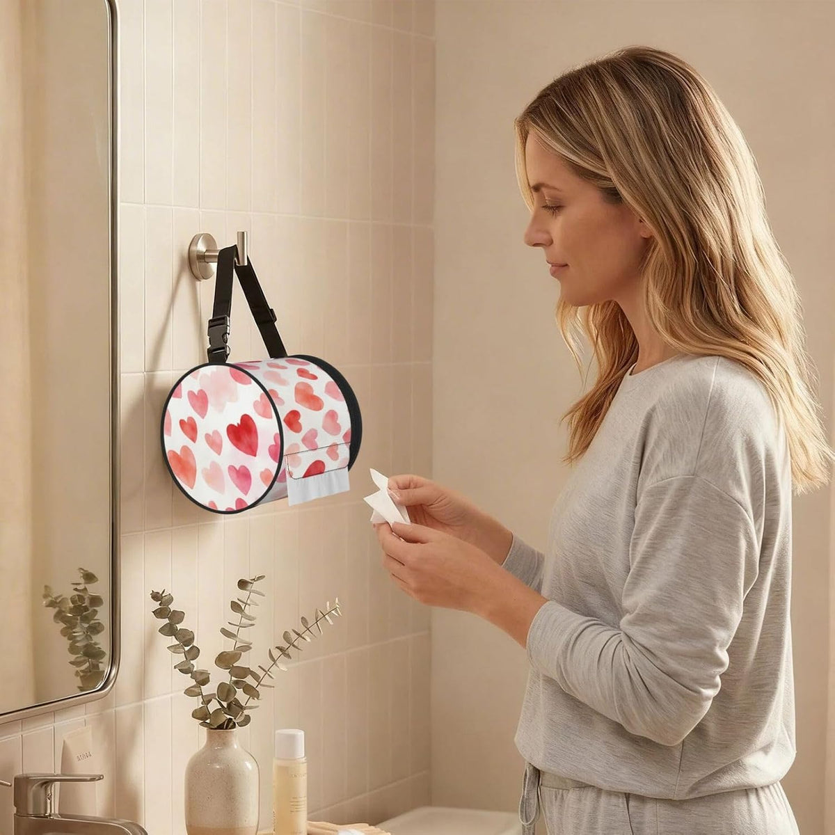 Round Tissue Holder Bag Car Hanging Tissue Boxes Cover with Adjustable Strap Foldable Roll Storage Bags with Zipper Tissues Case Organizer for Home Decor Toilet Office(Pink Love Heart)