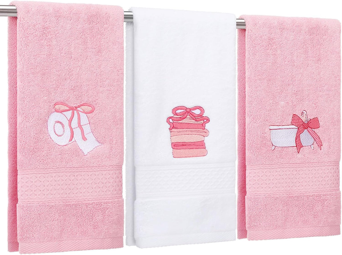 3 Pcs Bow Towels for Bathroom,Pink Bowknot Kitchen Hand Towels