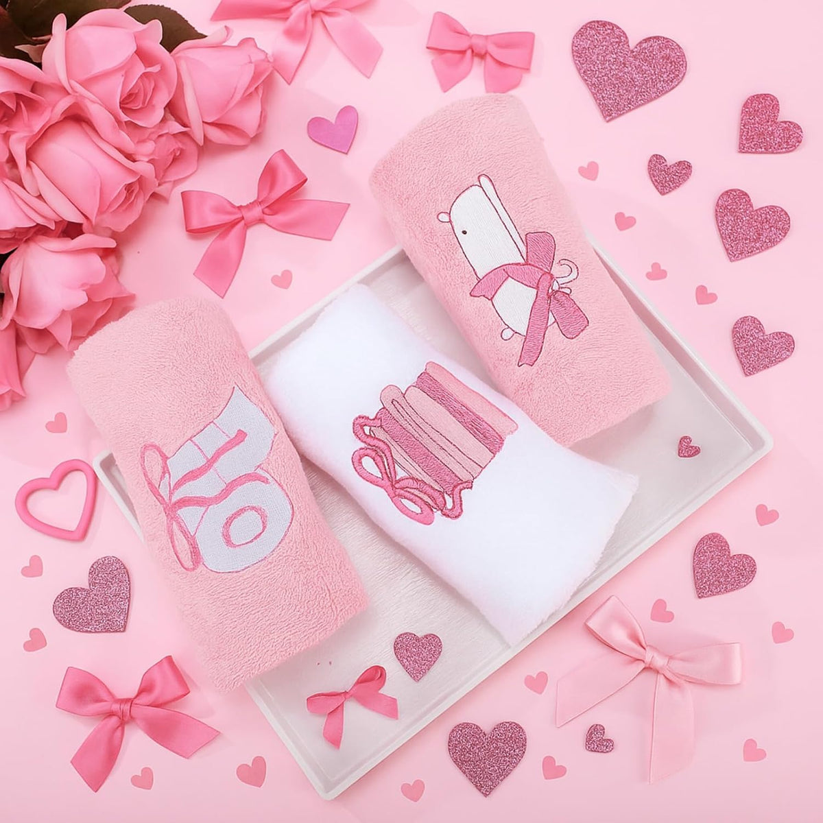 3 Pcs Bow Towels for Bathroom,Pink Bowknot Kitchen Hand Towels