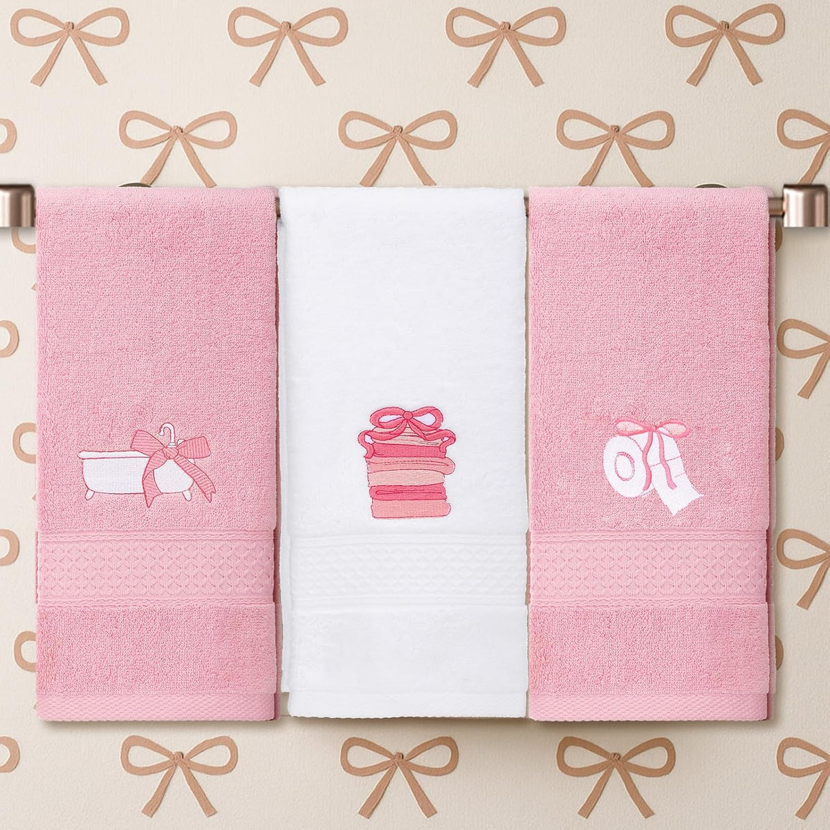 3 Pcs Bow Towels for Bathroom,Pink Bowknot Kitchen Hand Towels