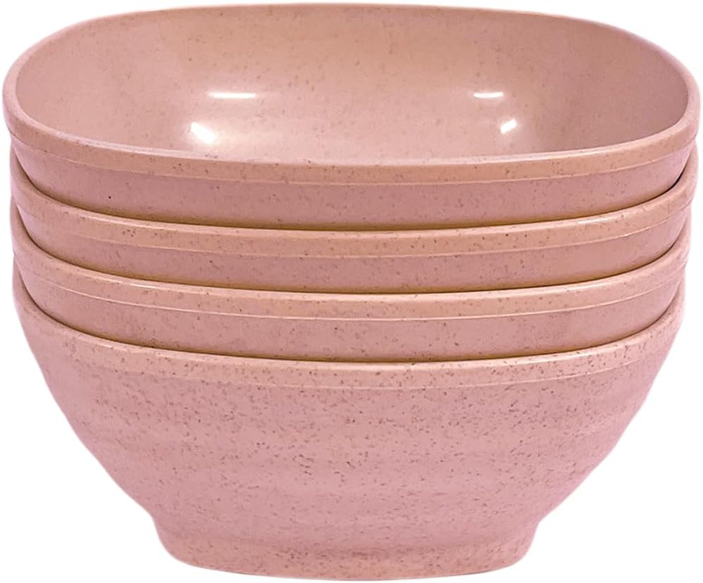 20 OZ Unbreakable Cereal Bowls Set of 4, Wheat Straw Fiber Rice Bowl, Reusable Square Soup Bowls, Stackable Pinch Bowl for Side Dish Noodle Oatmeal Salad, Dishwasher Safe (Pink)