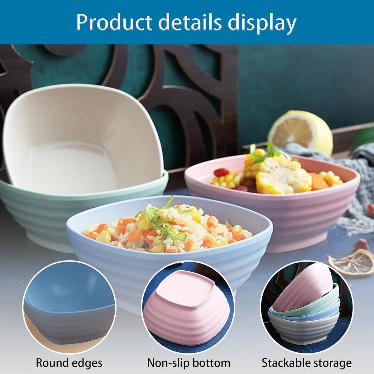20 OZ Unbreakable Cereal Bowls Set of 4, Wheat Straw Fiber Rice Bowl, Reusable Square Soup Bowls, Stackable Pinch Bowl for Side Dish Noodle Oatmeal Salad, Dishwasher Safe (Pink)