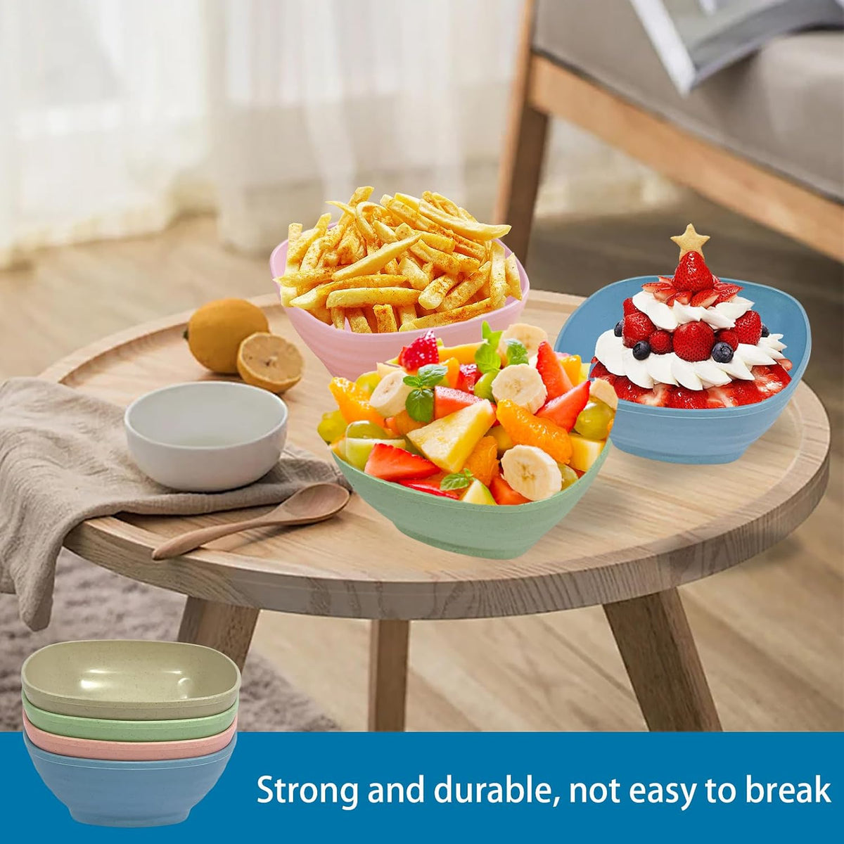 20 OZ Unbreakable Cereal Bowls Set of 4, Wheat Straw Fiber Rice Bowl, Reusable Square Soup Bowls, Stackable Pinch Bowl for Side Dish Noodle Oatmeal Salad, Dishwasher Safe (Pink)