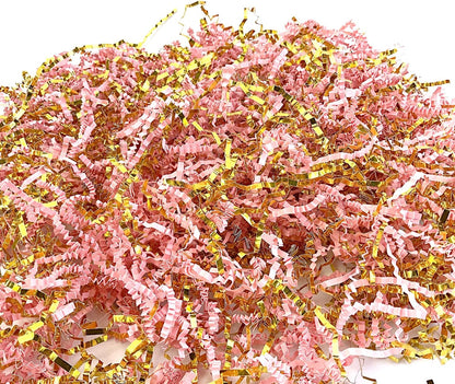Crinkle Cut Paper Shred Filler Pink & Gold for Gift Wrapping & Basket Filling luxury Gift Box Filler Gift Basket Stuffing Shipping Packaging Craft Party Favor Bags - (4 oz) (Pink & Gold)
