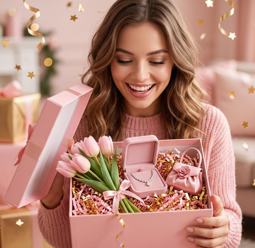 Crinkle Cut Paper Shred Filler Pink & Gold for Gift Wrapping & Basket Filling luxury Gift Box Filler Gift Basket Stuffing Shipping Packaging Craft Party Favor Bags - (4 oz) (Pink & Gold)