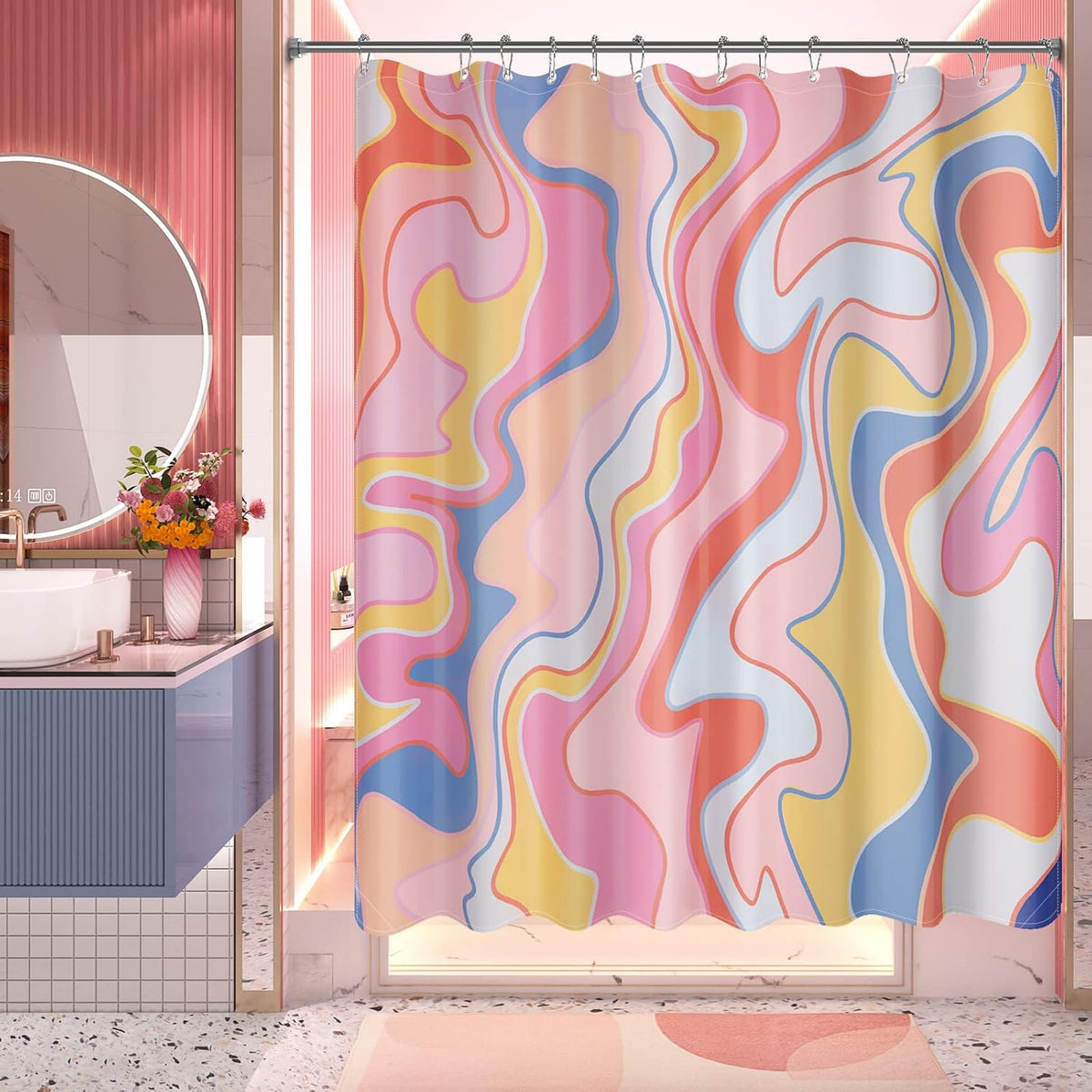 Shower Curtain, Abstract Pink Cloth Shower Curtain Sets with 12 Shower Curtain Hooks, Rustic Colorful Fabric Shower Curtain, Cute Washable Farmhouse Bathroom Shower Curtain, 72x72 Inches