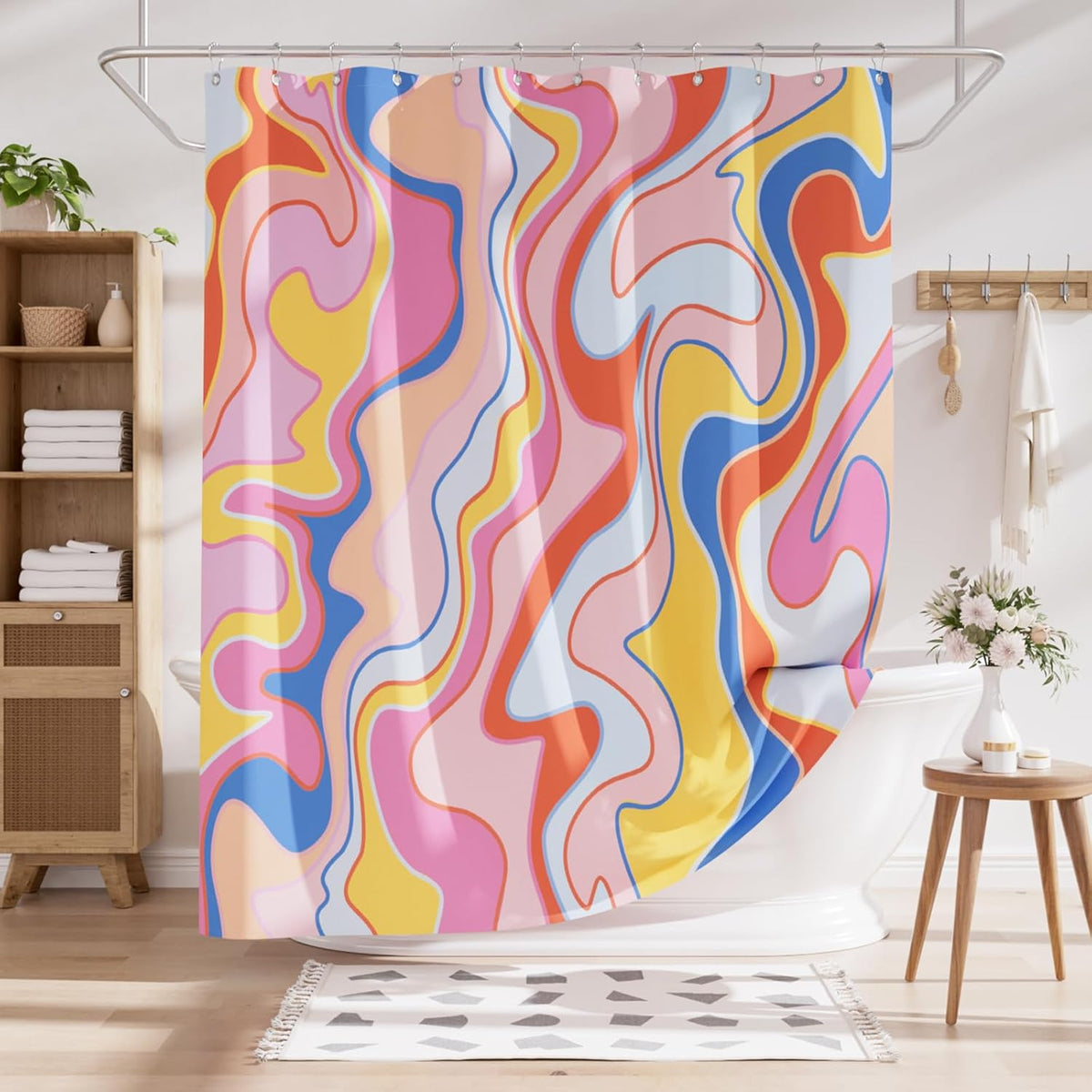 Shower Curtain, Abstract Pink Cloth Shower Curtain Sets with 12 Shower Curtain Hooks, Rustic Colorful Fabric Shower Curtain, Cute Washable Farmhouse Bathroom Shower Curtain, 72x72 Inches