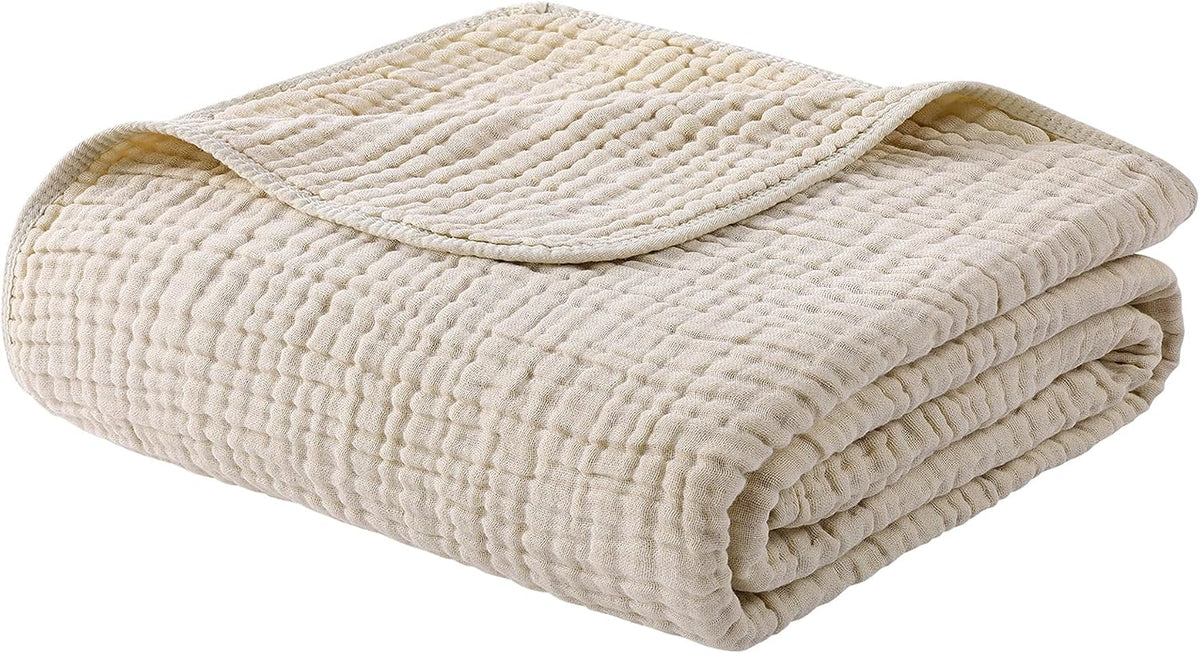 Muslin Blanket 100% Organic Cotton Throw Large 50" x 60" for Bed Couch Summer Gauze Blanket for Adults Lightweight and Breathable Apricot White