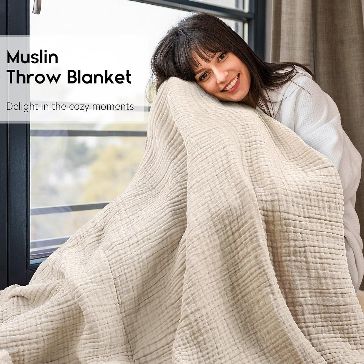 Muslin Blanket 100% Organic Cotton Throw Large 50" x 60" for Bed Couch Summer Gauze Blanket for Adults Lightweight and Breathable Apricot White