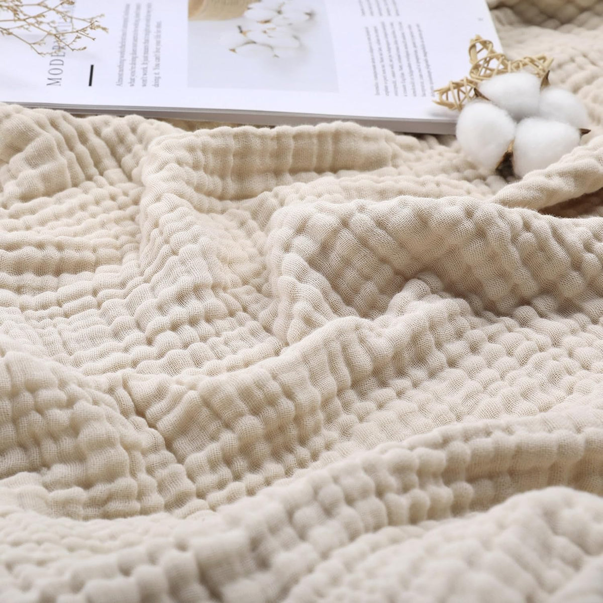 Muslin Blanket 100% Organic Cotton Throw Large 50" x 60" for Bed Couch Summer Gauze Blanket for Adults Lightweight and Breathable Apricot White
