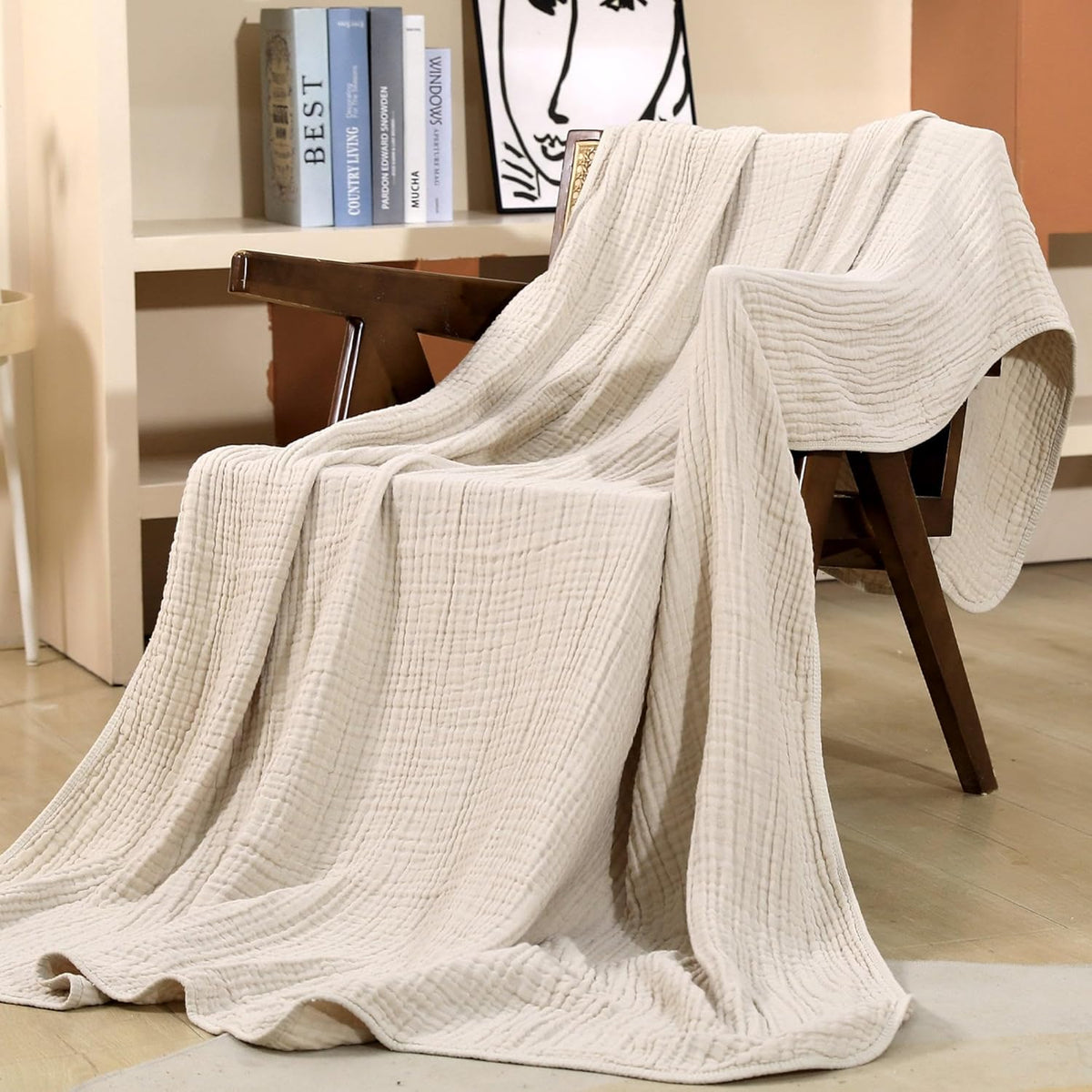 Muslin Blanket 100% Organic Cotton Throw Large 50" x 60" for Bed Couch Summer Gauze Blanket for Adults Lightweight and Breathable Apricot White