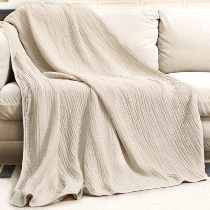 Muslin Blanket 100% Organic Cotton Throw Large 50" x 60" for Bed Couch Summer Gauze Blanket for Adults Lightweight and Breathable Apricot White