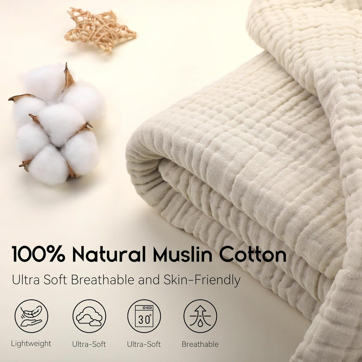 Muslin Blanket 100% Organic Cotton Throw Large 50" x 60" for Bed Couch Summer Gauze Blanket for Adults Lightweight and Breathable Apricot White