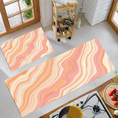 Dreamy Stripes Kitchen Mats Non Slip Washable Kitchen Rug Sets 2 Piece Peach Pink Abstract Marble Carpet Runners Floor Mat for Hallway Laundry Room 16"X24"+16"X47"