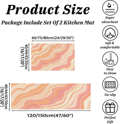 Dreamy Stripes Kitchen Mats Non Slip Washable Kitchen Rug Sets 2 Piece Peach Pink Abstract Marble Carpet Runners Floor Mat for Hallway Laundry Room 16"X24"+16"X47"
