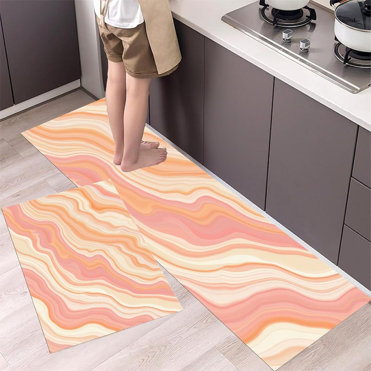 Dreamy Stripes Kitchen Mats Non Slip Washable Kitchen Rug Sets 2 Piece Peach Pink Abstract Marble Carpet Runners Floor Mat for Hallway Laundry Room 16"X24"+16"X47"