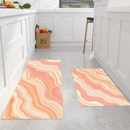 Dreamy Stripes Kitchen Mats Non Slip Washable Kitchen Rug Sets 2 Piece Peach Pink Abstract Marble Carpet Runners Floor Mat for Hallway Laundry Room 16"X24"+16"X47"