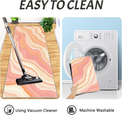 Dreamy Stripes Kitchen Mats Non Slip Washable Kitchen Rug Sets 2 Piece Peach Pink Abstract Marble Carpet Runners Floor Mat for Hallway Laundry Room 16"X24"+16"X47"