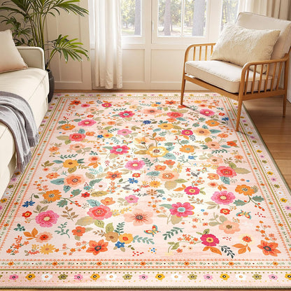 Washable Floral Area Rug for Living Room 5x7 Pink Beige